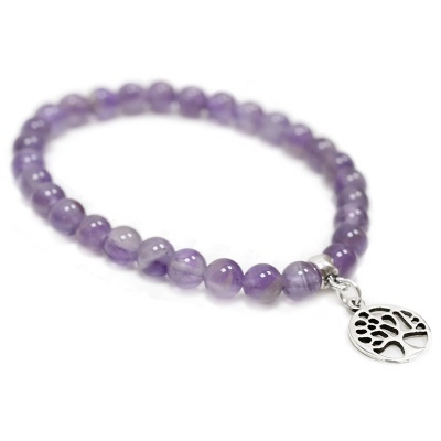 Pulseira de contas roxas com pendente árvore da vida