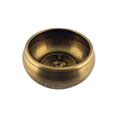 Tigela metálica dourada com escultura interna de figura humana