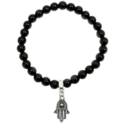 Pulseira de contas negras com pendente prateado em forma de mão