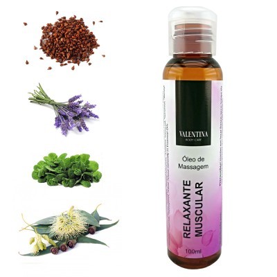 Frasco de óleo de massagem relaxante muscular com plantas naturais ao lado.