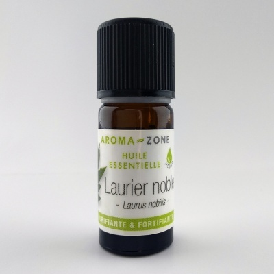 Frasco pequeno de óleo essencial Laurier noble da AROMA-ZONE com rótulo branco e verde