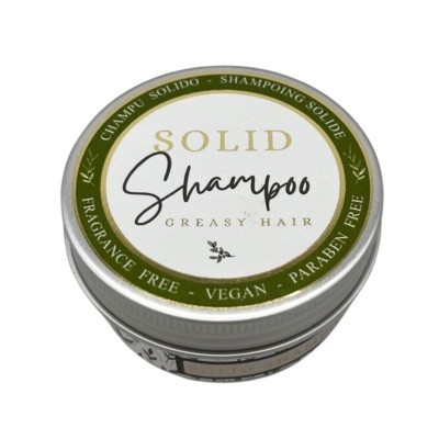 Lata de champô sólido para cabelo oleoso com tampa branca e verde