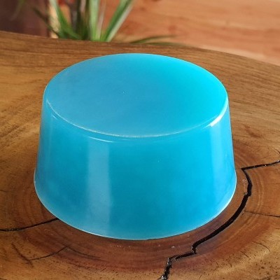 Recipiente de plástico azul em cima de madeira