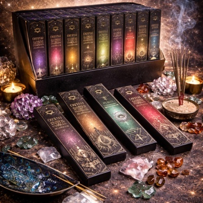 Caixas de incenso Crystal Scents com cristais, velas acesas e incensos queimando numa base
