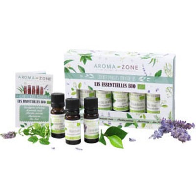 Conjunto de óleos essenciais bio Aroma Zone com caixa e óleos em frascos pequenos