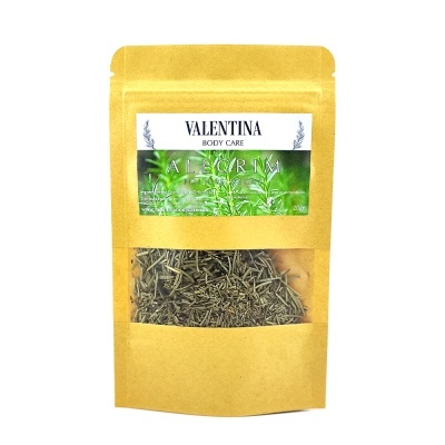 Embalagem castanha com alecrim seco e rótulo VALENTINA BODY CARE ALECRIM