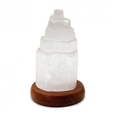 Lâmpada decorativa de selenite em base de madeira