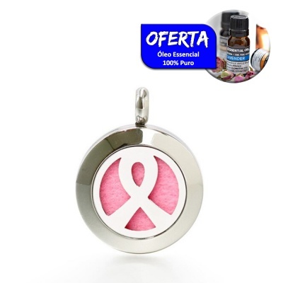 pingente redondo prateado com lacinho rosa e adesivo oferta óleo essencial