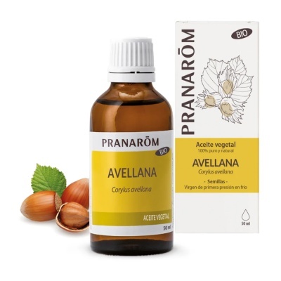 Frasco de óleo vegetal de avelã e embalagem da marca PRANARÔM