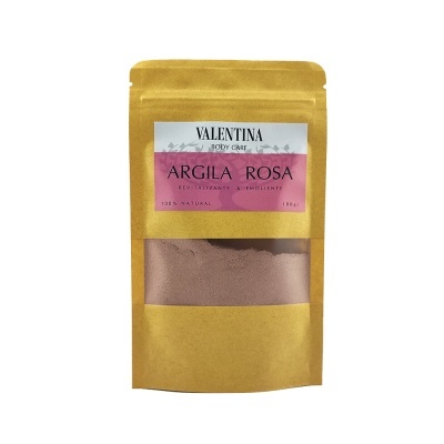 Saco amarelo com pó rosa e etiqueta VALENTINA ARGILA ROSA