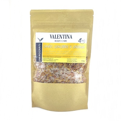 Saco de papel castanho com etiqueta de cuidado corporal Valentina contendo mistura granulada colorida