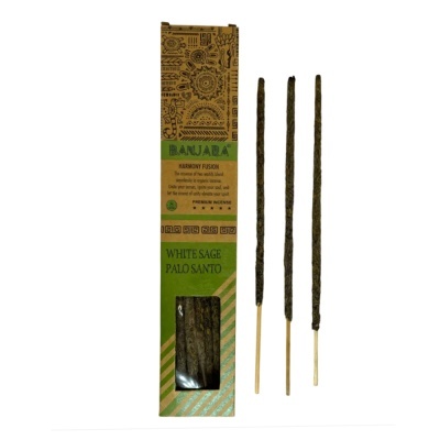 Incenso BANJARA Harmony Fusion com três varetas e caixa verde e castanha com texto e design tribal