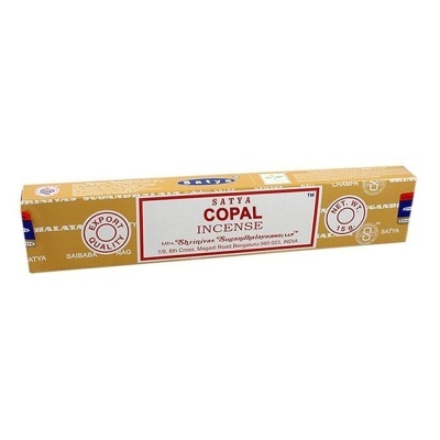 Embalagem retangular dourada e branca de incenso Satya Copal Incense