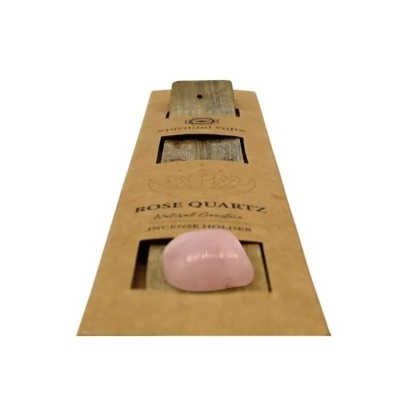 Pulseira de madeira com pedra de quartzo rosa em embalagem de cartão