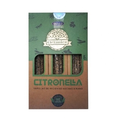 Embalagem de varillas de incenso Orgánico Citronella com varinhas visíveis e selo 100% nature