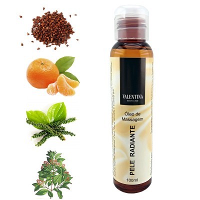 Garrafa de óleo de massagem Valentina 100ml com rótulo creme e preto e imagens de ingredientes naturais ao lado