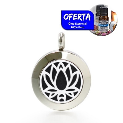 Pingente redondo prateado com padrão de flor de lótus e selo de oferta de óleo essencial