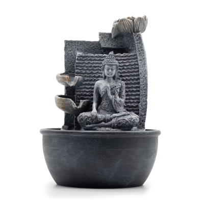 Fonte decorativa com estátua de Buda e textura ondulada em cinzento