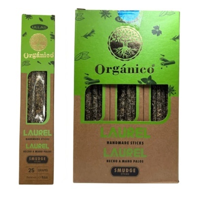 Caixas de incensos manuais de louro orgânico em embalagem verde e castanha