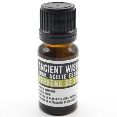 Frasco de óleo essencial Ancient Wisdom de 10ml com rótulo branco e texto em preto e verde.