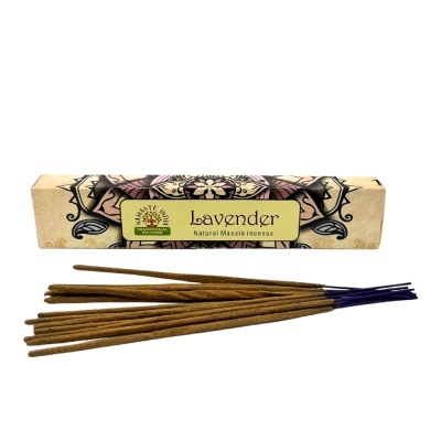 Incenso natural Masala Lavanda com caixa decorada e paus de incenso marrom e azul