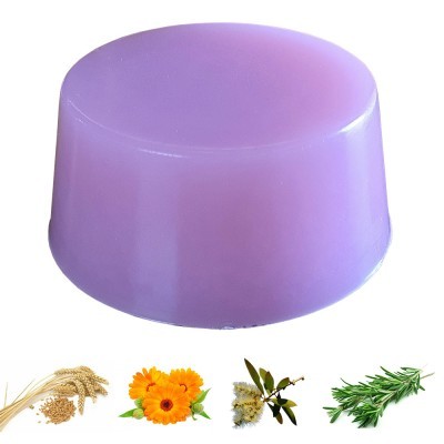 Produto sólido roxo cilíndrico com imagens de plantas aromáticas e medicinais