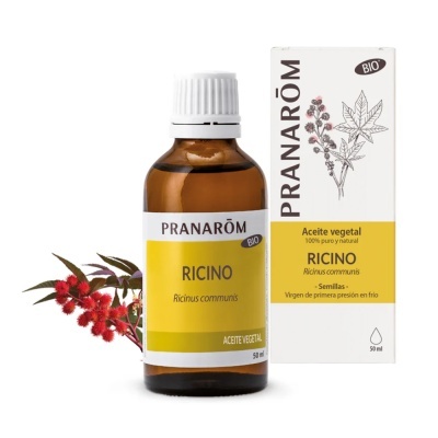 Frasco de óleo vegetal de ricino Pranarôm com embalagem e ilustração da planta