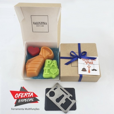 Caixa de presente com sabonetes coloridos e ferramenta multifunções