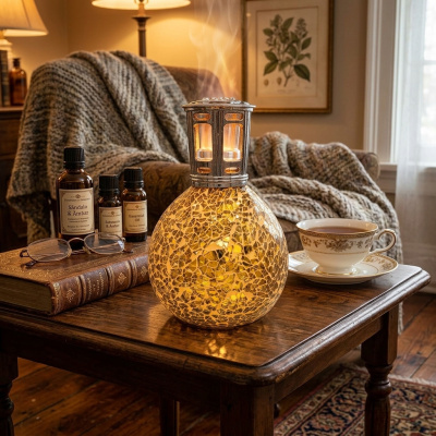 lâmpada aromática em vidro mosaico dourado com frascos de óleos essenciais, óculos, chávena e livro sobre mesa de madeira