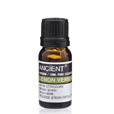Frasco pequeno de óleo essencial Lemon Verbena em vidro âmbar com tampa preta e etiqueta informativa.