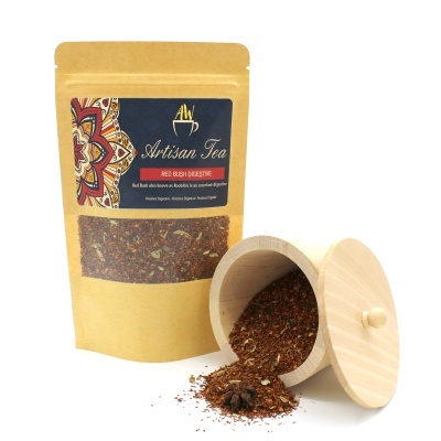 Saco de chá Artisan Tea Red Bush Digestive com recipiente de madeira aberto com chá