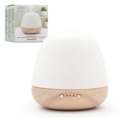 Difusor de aromas com base em madeira clara e cúpula branca opaca