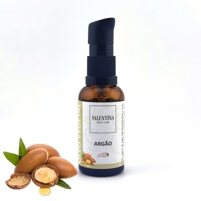Frasco de óleo de Argão Valentina Body Care com frutos e folhas de argão