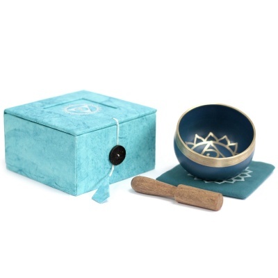 Conjunto de tigela de meditação azul com almofada, martelo de madeira e caixa azul