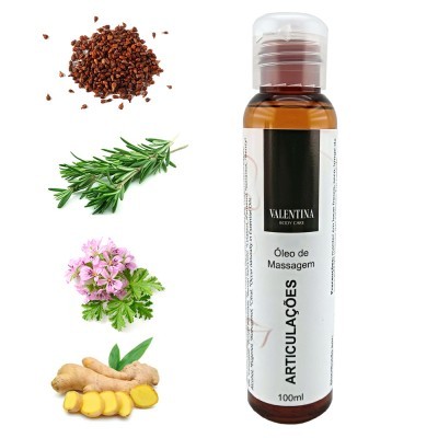 Frasco de óleo de massagem Valentina com ingredientes naturais ao lado