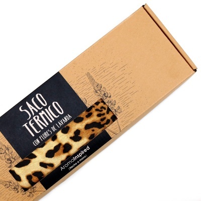 Embalagem de saco térmico com padrão animal print e texto em português