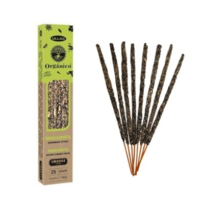 Incensos Ullas Orgânico Sargarota com palitos finos e embalagem verde e castanha