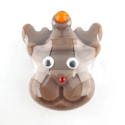 Objeto decorativo de rena castanha translúcida com olhos móveis e pedras coloridas