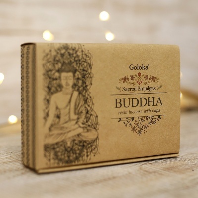 Caixa de incenso Goloka Buddha em cartão castanho com ilustração de Buda e texto