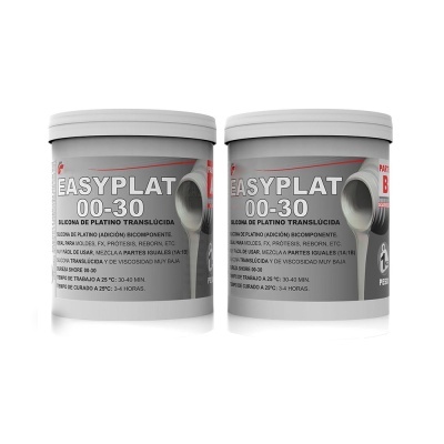 Dois recipientes de plástico branco com rótulos Easyplat e texto em espanhol sobre silicone de platino translúcida.