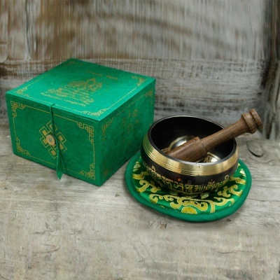 Conjunto de taça tibetana com almofada e caixa verde decorativa