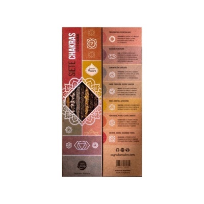 Embalagem de incenso Sete Chakras com bastões visíveis e texto descritivo da marca Sagra Madre