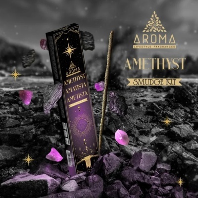 Kit de incenso com caixa preta e roxa e pedras coloridas roxas e negras