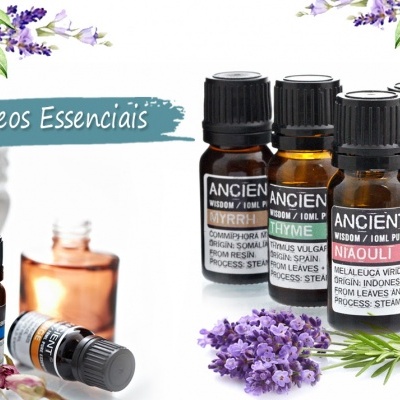 Frascos de óleos essenciais ANCIENT com flores e frutas