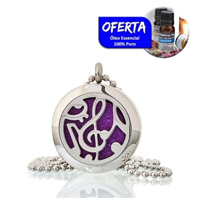 Colar prateado com pendente redondo e padrão abstrato com fundo roxo, selo azul OFERTA óleo essencial