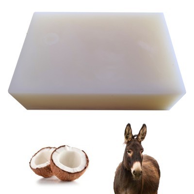 Barra de sabão creme, noz de coco partida e burro castanho sobre fundo branco