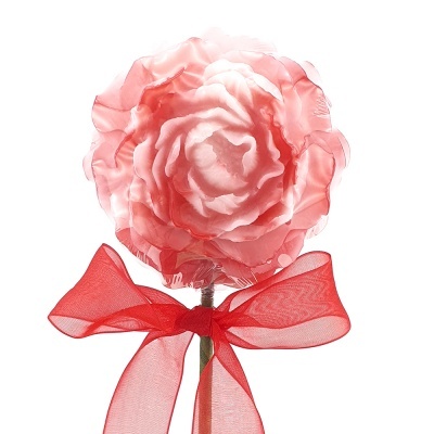 Flor artificial rosa de tecido com laço vermelho