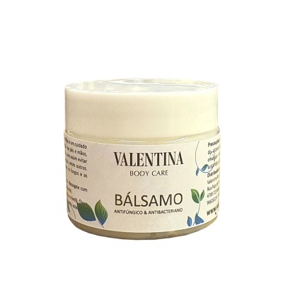 Frasco branco de bálsamo antifúngico e antibacteriano VALENTINA BODY CARE com rótulo branco e detalhes em azul e verde
