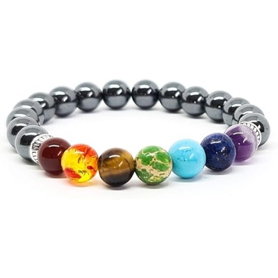 Pulseira de contas coloridas e hematite cinza escuro com separadores metálicos.