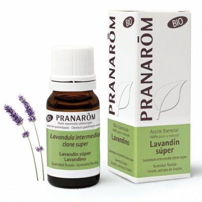 Frasco e embalagem de óleo essencial Lavandino super Pranarôm com raminhos de lavanda
